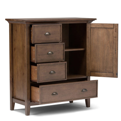 SIMPLIHOME Redmond Storage Cabinet - 39 inch Wide Solid Wood Medium Storage Cabinet in Rustic Natural Aged Brown, Transitional Accent Cabinet for Entryway with 4 Drawers and Cabinet Storage