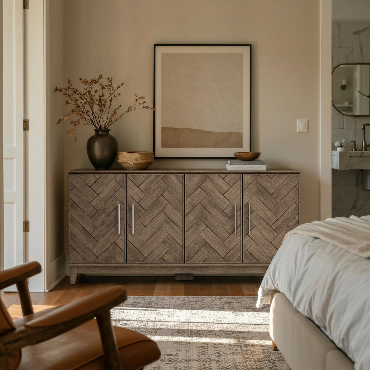 Lab Cosi 62.9" Sideboard Buffet Cabinet with Storage, Herringbone Wood Credenza with 4 Doors, Wood Coffee Bar Table Console for Hallway, Dining Room, Living Room, Kitchen