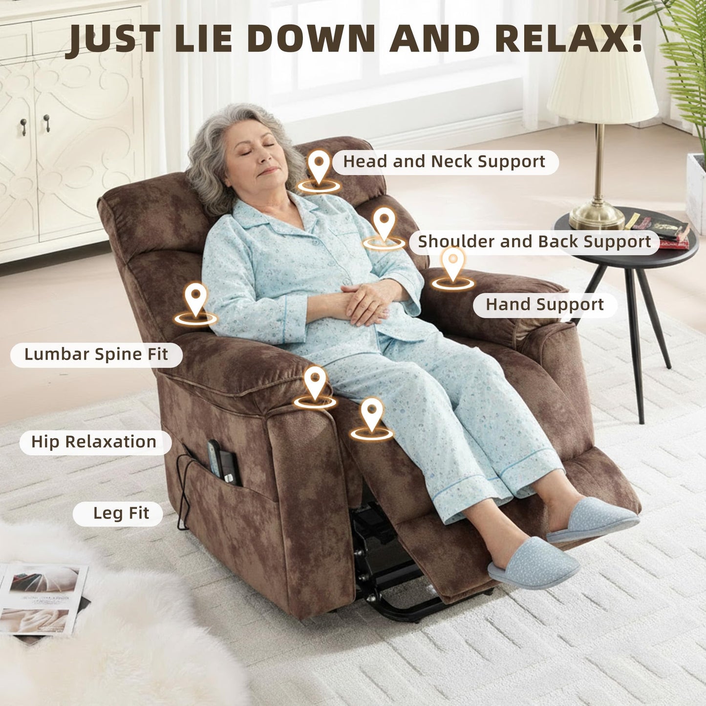 CANMOV Power Lift Recliner Chair for Elderly with Vibration Massage and Lumbar Heating, Overstuffed Electric Lift Chair with Side Pocket and 2 Cup Holders for Living Room, Brown