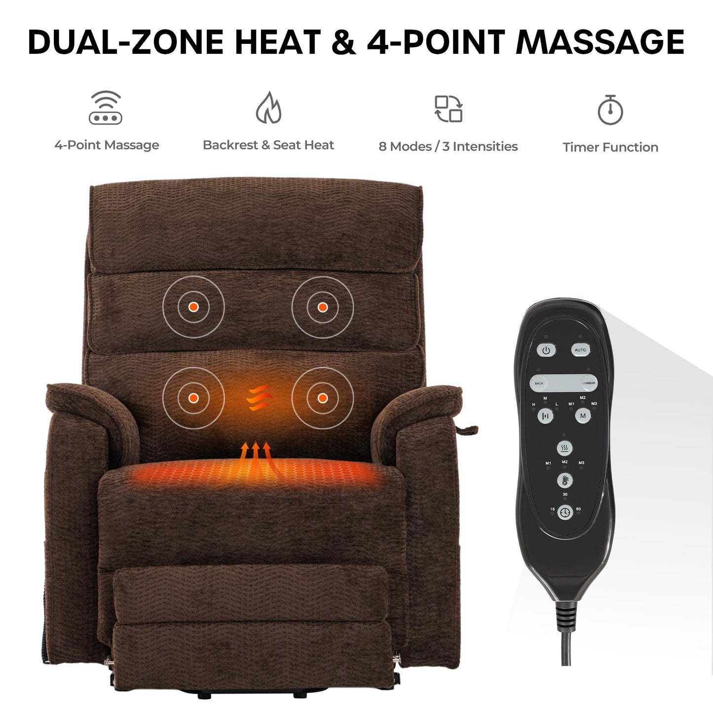 DYNOX 400 lbs Power Lift Recliner Chair for Big and Tall Elderly, Dual Motor Lay Flat Lift Chair with Heat & Massage, 9298L, Chenille Brown