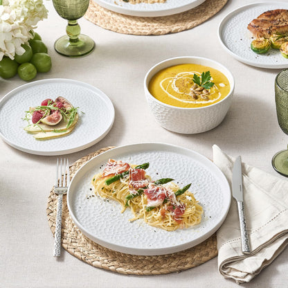 KINGSTONE Ceramic Dinnerware Set, 24-Piece Porcelain Plates and Bowls Set for 8, Matte Black or White, Hammered Texture, Microwave, Dishwasher & Oven Safe, Perfect for Home, Weddings & Gifts