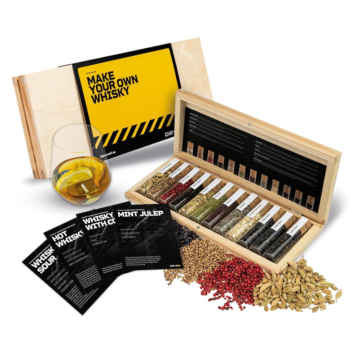 DIBYS 12 4 Set Mini Whiskey Flavoring Kit | Whisky Infusion Kit with Botanicals, Recipe Cards, Spice Guide & Wooden Box