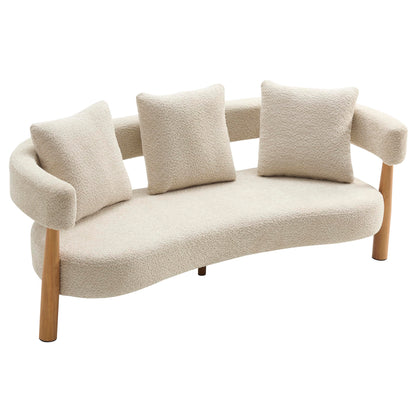 Christopher Knight Home Yulez Curved 3-Seater Sofa Couch with 3 Accent Pillows, Boucle Fabric Upholstered Lounge Seating, 76.5'' Home Office Bedroom Sofa Chair, Comfy Wooden Frame Sofa, Sesame Beige