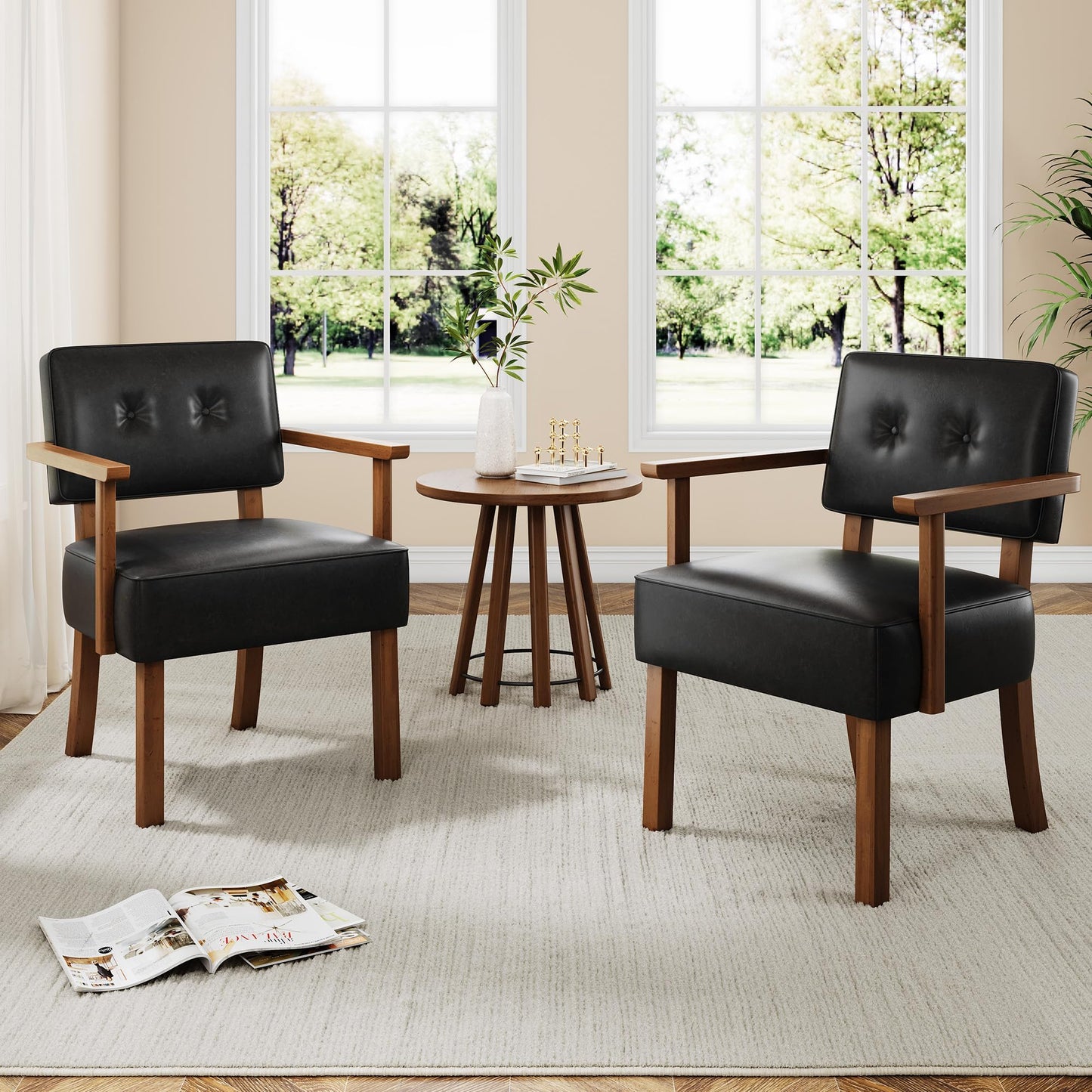 Garvee Mid-Century Accent Chair Set of 2 with Wood Frame, PU Leather Upholstered Lounge Arm Chair with Classic Button Tufting Reading Leisure Chair for Living Room, Bedroom, Balcony, Black