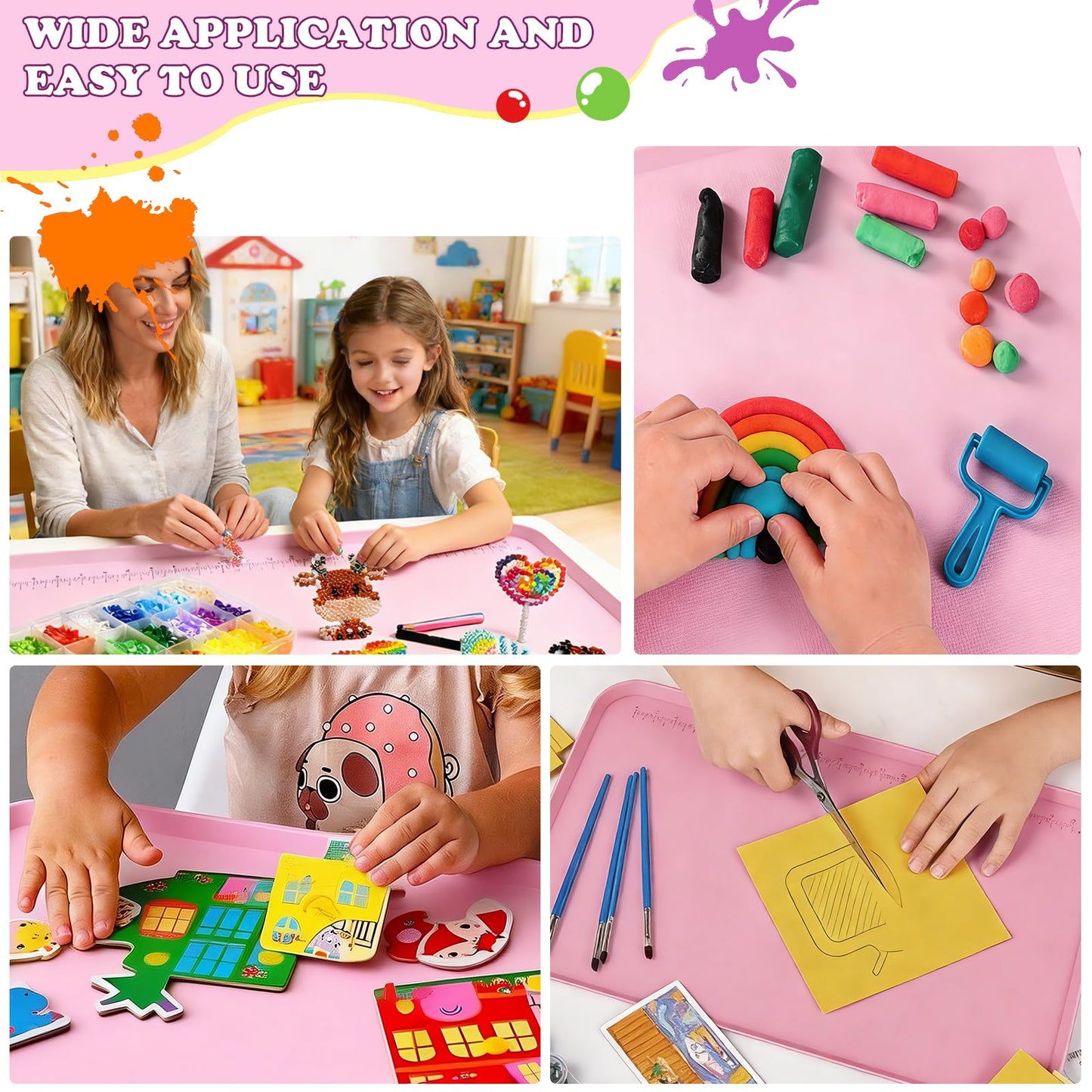 Silicone Art Mat for Crafts, 24"x16" Silicone Craft Mat with Raised Sides to Protects Surfaces Perfectly for Painting, Resin, Legos, Slime, Jewelry-Making, DIY (Pink)