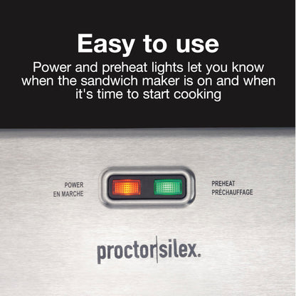 Proctor Silex Deluxe Hot Sandwich Maker With Easy-Clean Durable PFAS-Free Nonstick Ceramic Plates, Fits up to 2 Grilled Cheese, Ruebens, Tortas or Subs, Stainless Steel (25415MN)