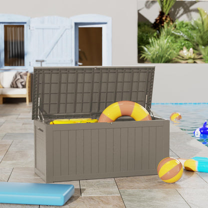 MONDAWE 230 Gallon Resin Deck Box Waterproof Outdoor Storage Box Lockable Patio Storage Container Bench Seating for Cushions Garden Tools Pool