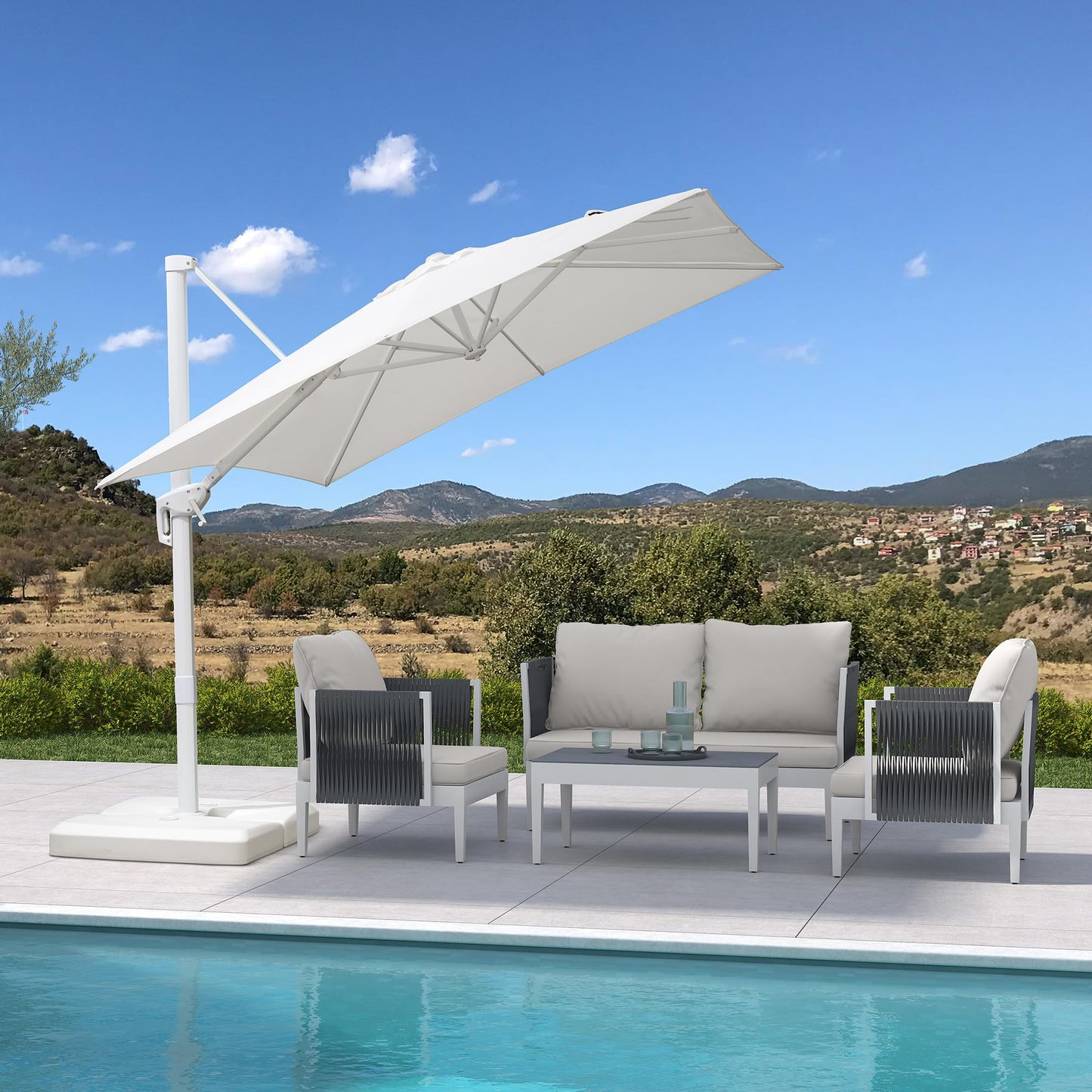 PURPLE LEAF 8 FT White Cantilever Patio Umbrella Aluminum Square Outdoor Offset Umbrella Hanging Windproof with 360° Rotation for Garden Deck Pool, White
