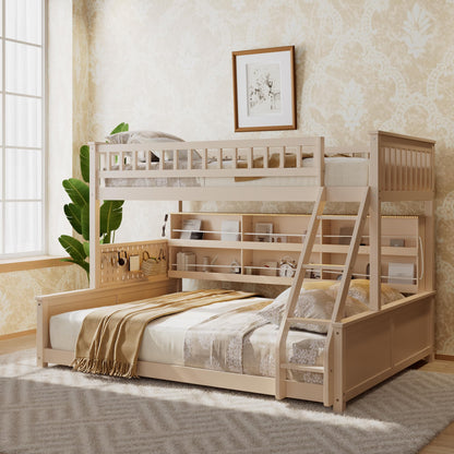 Merax Twin XL Over Queen Wood Bunk Bed Frame with Integrated Side Storage Shelves and Anti Falling Rope, Color-Changing Lights, Pegboard, Safe Guardrail and Ladder, for Teens, Adults, Guests (Beige)