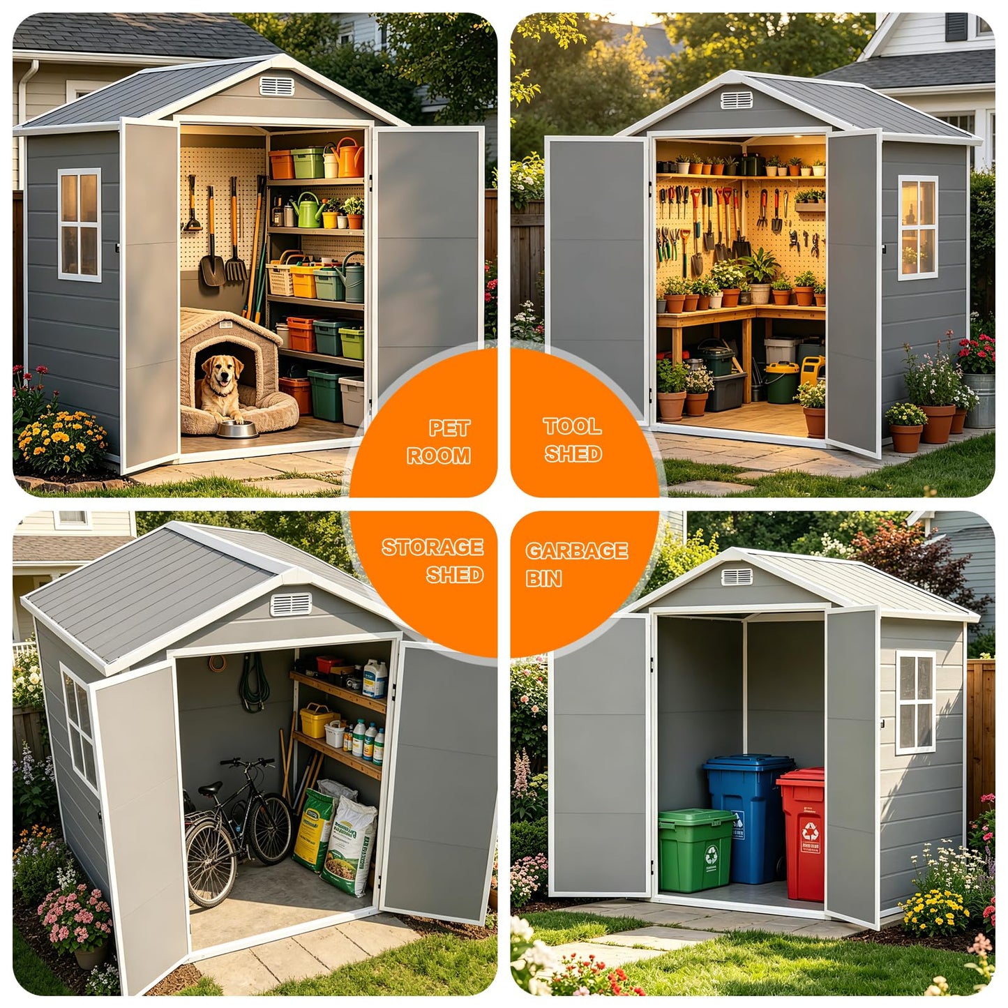 LARBANKE 6x4 FT Outdoor Resin Storage Shed with Floor & Window, All-Weather Waterproof Plastic Garden Tool Shed, Plastic Shed with Lockable Double Doors & Ramp for Mower, Bike,Backyard Storage, Gray