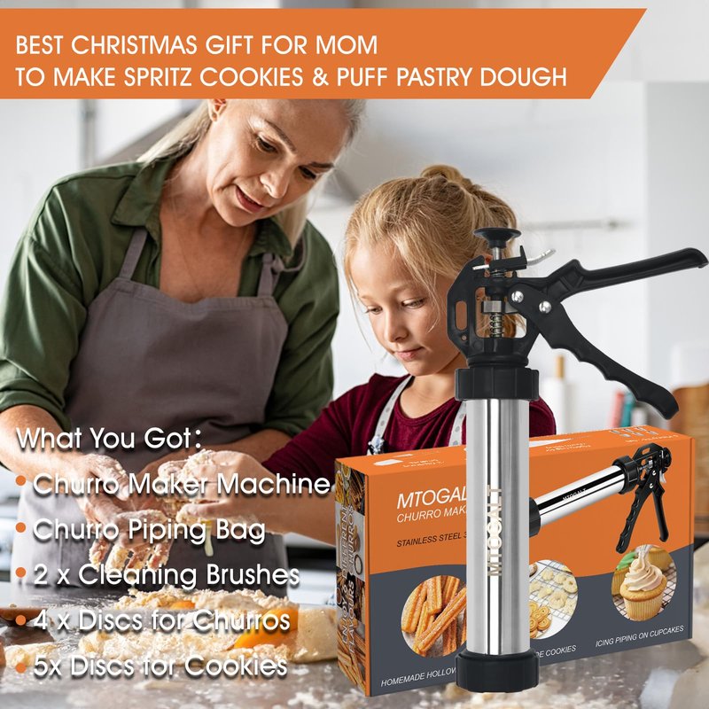 Churro Maker Machine, 21-Piece Stainless Steel Churro Gun Kit, Churros Maker Gun, Cookie Press Set, Hollow Churro, Spritz Cookie Press Gun with Piping Bag, Filler, 6 Tips, 9 Discs, 2 Brushes
