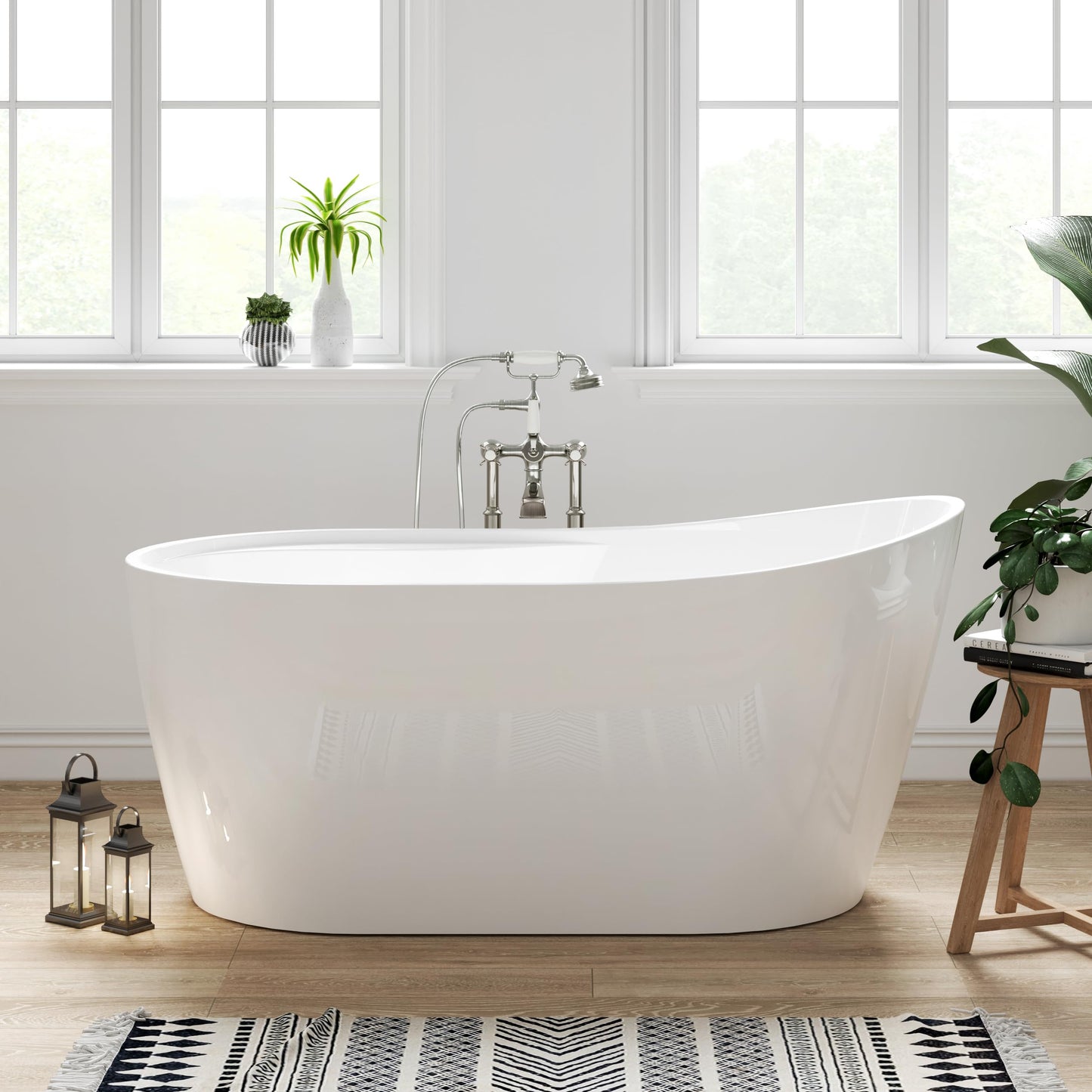FerdY Lana'i 60" Freestanding Bathtub, Gracefully Shaped Freestanding Soaking tub, Glossy White, cUPC Certified, Brushed Nickel Drain Assembly