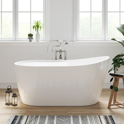 FerdY Lana'i 60" Freestanding Bathtub, Gracefully Shaped Freestanding Soaking tub, Glossy White, cUPC Certified, Brushed Nickel Drain Assembly