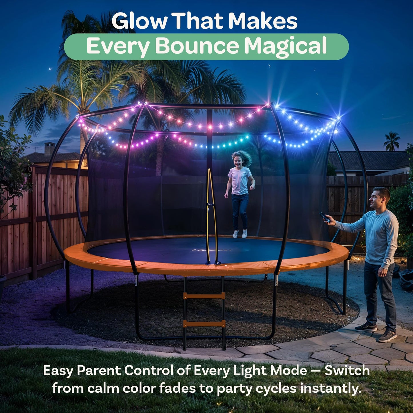 JoyBerri Trampoline Outdoor - Upsurge ASTM Certified Safe 8Ft 10Ft 12Ft 14Ft 15Ft 16Ft Recreational Trampoline for Kids and Adults. Anti-Rust Coating with Enclosure Net, Ladder, Sprinkler & LED Lights