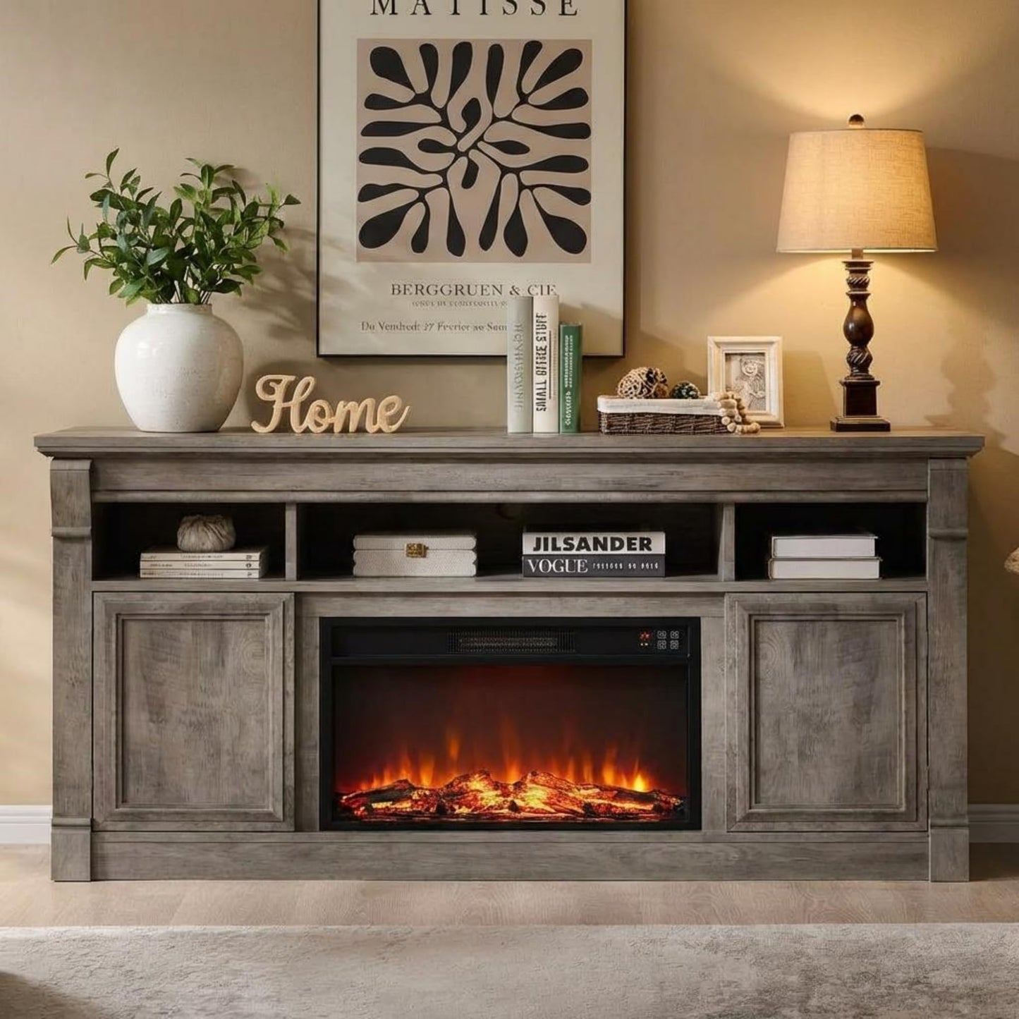 GarveeLife 58" Fireplace TV Stand for TVs Up to 65, Modern Farmhouse Entertainment Center with 30'' Electric Fireplace, Remote Control Realistic 3D Flame, Media Console with Storage Shelves, Gray