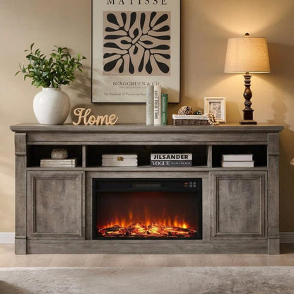 GarveeLife 58" Fireplace TV Stand for TVs Up to 65, Modern Farmhouse Entertainment Center with 30'' Electric Fireplace, Remote Control Realistic 3D Flame, Media Console with Storage Shelves, Gray