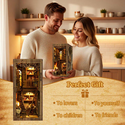 Book Nook Kit, Book Nook for Adults 3D Wooden Puzzle with Sensor Led Light,DIY Miniature House Kit Bookshelf Insert Decor for Adults Booknook Model Kits