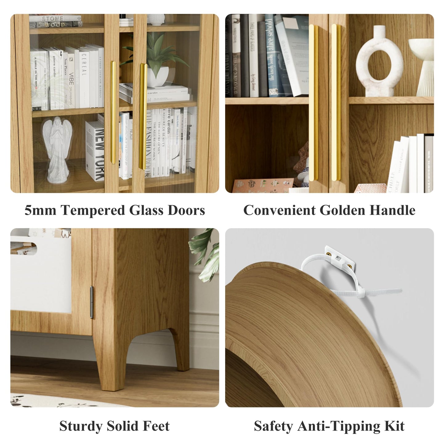 Topcomfy 63" Arched Display Cabinet with Glass Doors, 5-Tier Display Cabinets for Collectibles Wood Display Cabinet with Adjustable Shelves Display Curio Cabinet for Living Room Office, Oak