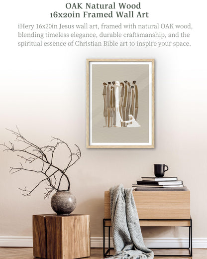 iHery Natural OAK Wood Jesus and Peter Walk on Water Framed Wall Art, 12x16 in Modern Sketch Bible Verses Canvas Art Decor, Beige Logs Boho Scripture 1Pack for Living Room Bedroom