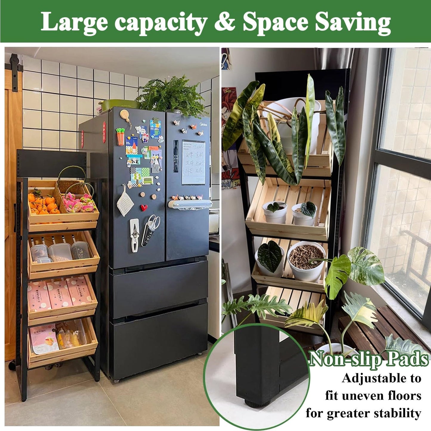 3/4 Tier Solid Wood Kitchen Shelf Rack for Fruits & Vegetables, Large Display Stand for Commercial Supermarket Use, Multi-layer Storage Organizer for Potato, Onion(F-4 Tier)