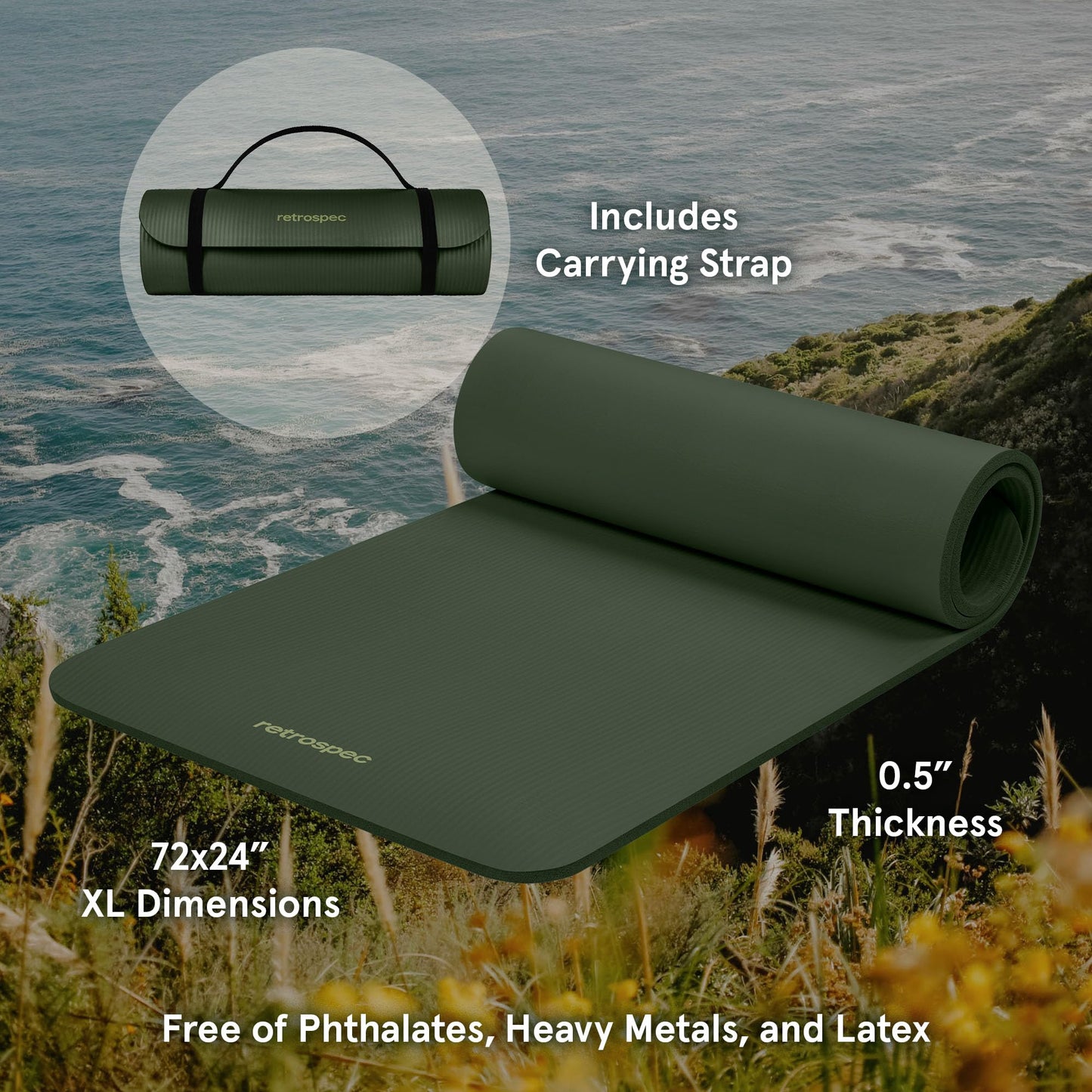 Retrospec Solana Yoga Mat 1/2" Thick w/Nylon Strap for Men & Women - Non Slip Exercise Mat for Yoga, Pilates, Stretching, Floor & Fitness Workouts