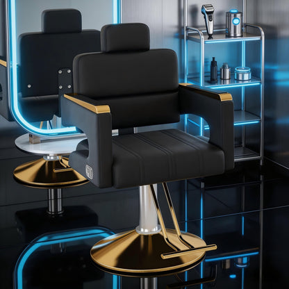 KEIKI Luxury Hydraulic Barber Chair, 160° Reclining Salon Chair w/Adjustable Height & 360° Swivel, Heavy Duty Styling Chair w/Gold Base, PU Leather Cushioned Barber Chair for Salon Spa, Black Gold