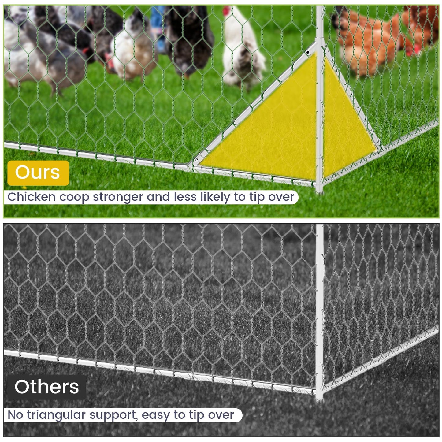 Milleloom Large Metal Chicken Coop, Outdoor Wire Mesh Poultry Cage with 4 Corner Reinforcement Ribs ((9.8' W x 19.7' L x 6.6' H)