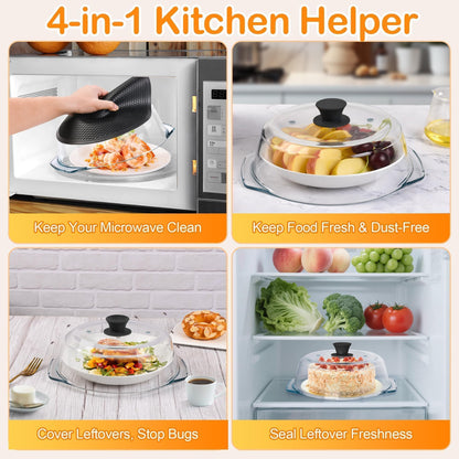 Glass Microwave Splatter Cover for Food with Microwave Place Mat - Sturdy Plate Guard Lid with Vent Holes and Easy-Grip Silicone Handle - BPA Free, Dishwasher Safe (Black)
