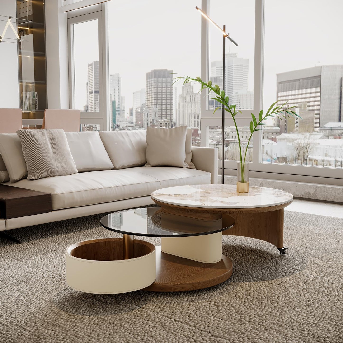 KEIKI 32" Faux Marble Tabletop Round Wood Storage Coffee Table with Rotating Wheels, 2 in 1 Design Modern Coffee Table, No Assembly Required, for Apartment, Living Room, Bedroom, Reception Room, White