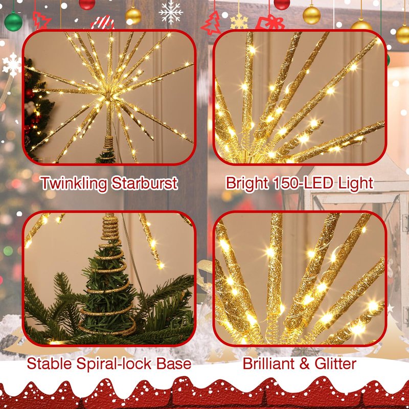HMASYO 15 Inch Twinkling Starburst Christmas Tree Star Topper, 19-Point Gold Star Tree Topper with 150 LED, Remote Control & Timer, USB Power for Indoor Home Holiday Party Xmas Tree Decoration