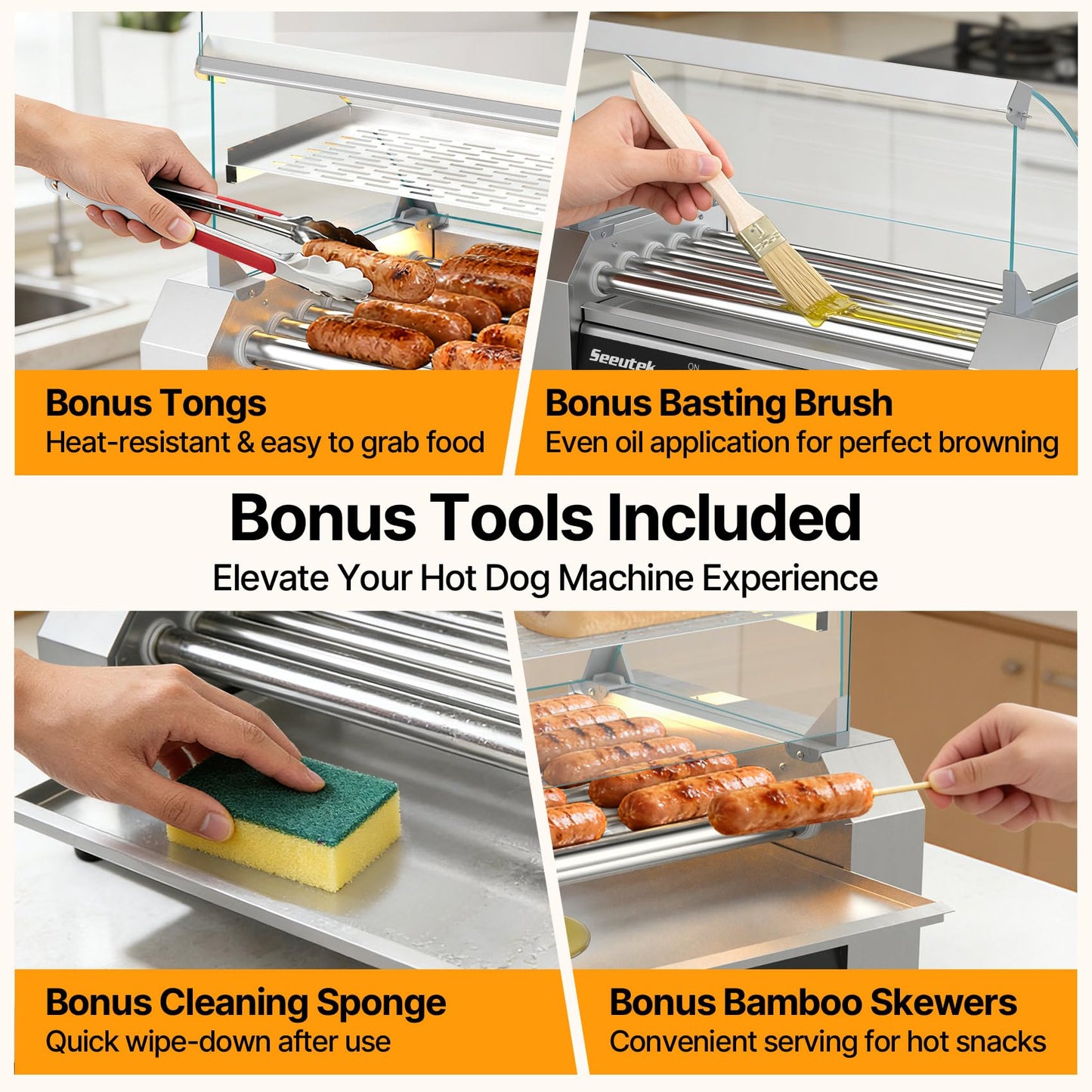Seeutek Hot Dog Roller 7 Rollers 24 Hot Dogs Capacity 1100W Stainless Hot Dog Toaster With LED Light, Hot Dog Machine W/Dual Temp Control Glass Hood Acrylic Cover Warmer Shelf Removable Oil Drip Tray
