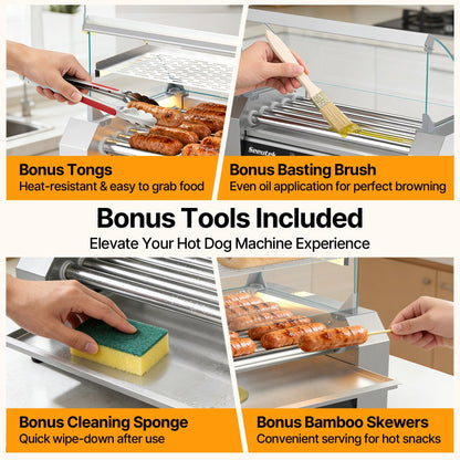 Seeutek Hot Dog Roller 7 Rollers 24 Hot Dogs Capacity 1100W Stainless Hot Dog Toaster With LED Light, Hot Dog Machine W/Dual Temp Control Glass Hood Acrylic Cover Warmer Shelf Removable Oil Drip Tray