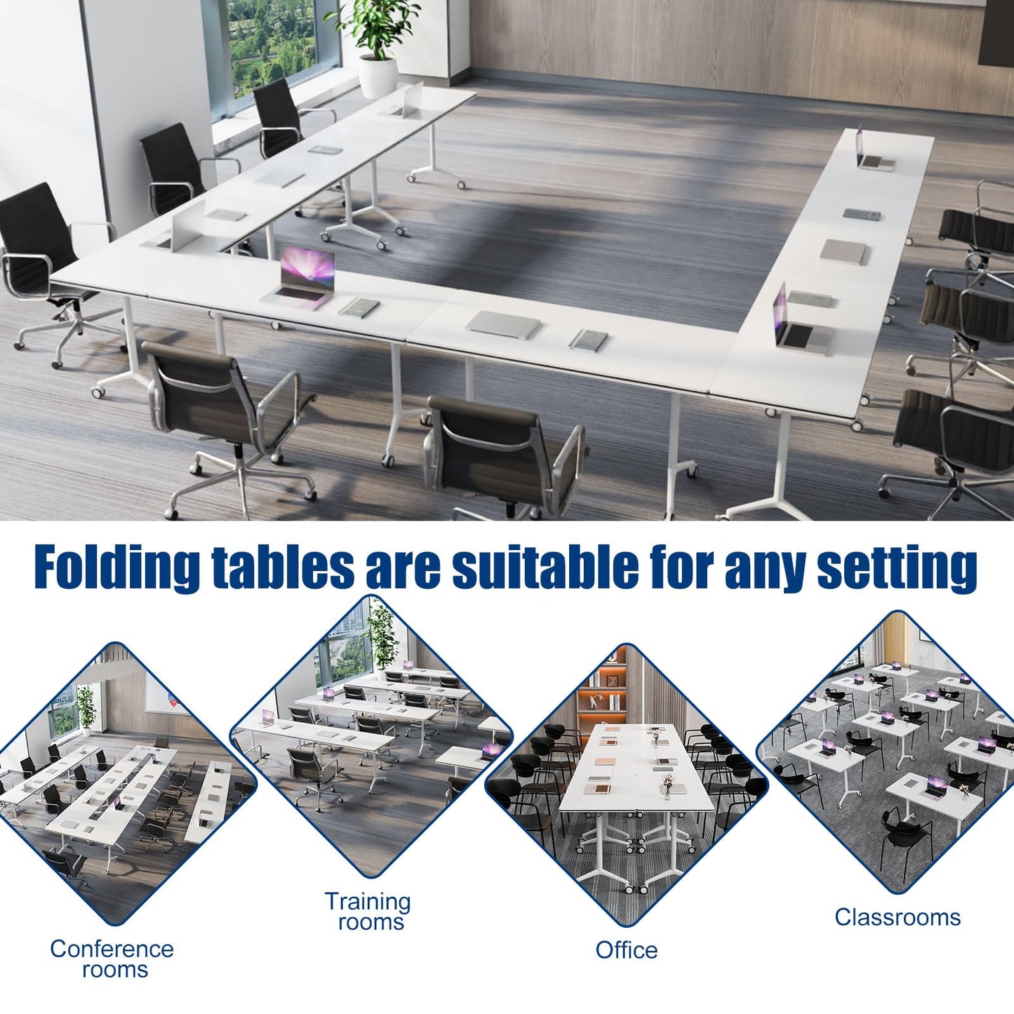 Modular Folding Conference Room Table with Wheels - 4 Pack Flip Top Mobile Training Table,Modern Meeting Tables 2-30 Person,White,55.1"x21.6"x29.5"