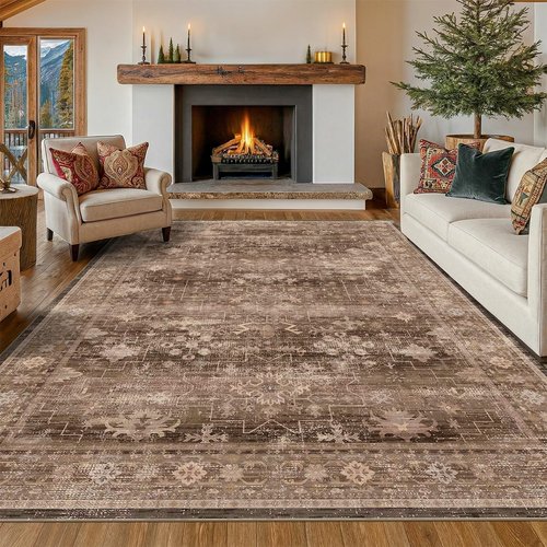 Hazo Haus Boho Taupe Living Room Rug - Vintage Traditional Oriental Design, Washable 7x10 Area Rug