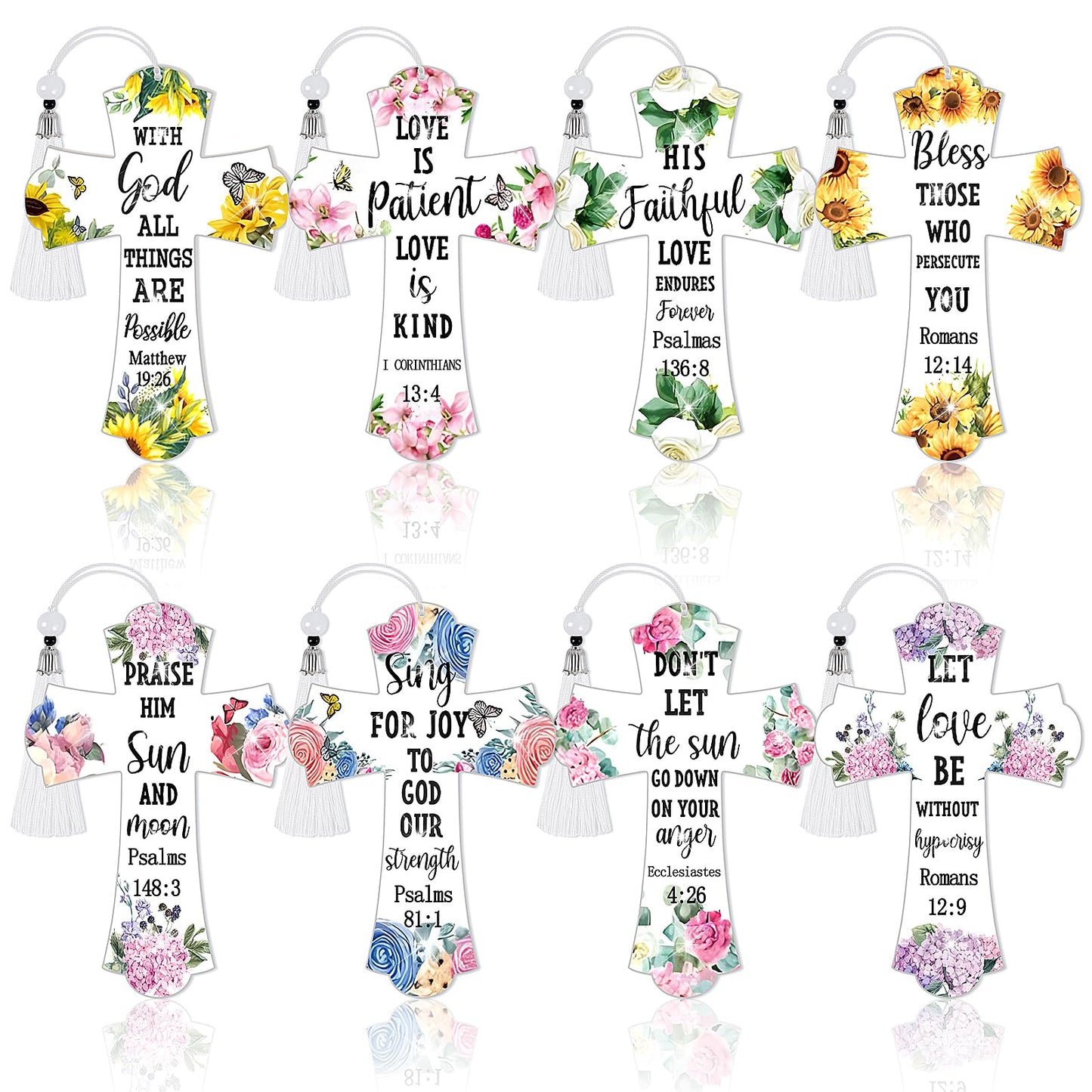 8 Pieces Christian Bible Verse Diamond Art Bookmarks 5d Christian Beaded Bookmark Acrylic Tassel Bookmark for DIY Making Beginners Kids Adults Arts Craft Supplies (Floral)