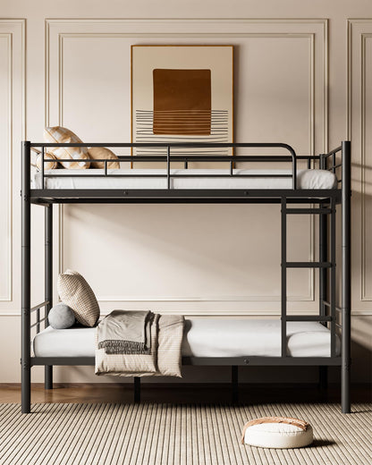 Mixcous Full Over Full Metal Bunk Bed for Adults & Kids, Convertible to 2 Separate Full Size Beds, Heavy Duty Bunk Bed Frame with Full-length Guardrail & EVA Padded Ladder, No Box Spring Needed, Black