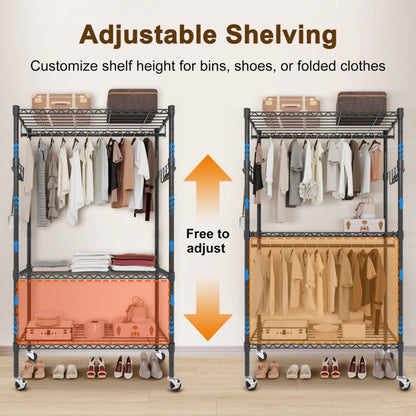 Whitmor 3 Tier Rolling Garment Rack, Heavy Duty Adjustable Metal Clothing Rack with Side Hooks, Double Rods & 360° Lockable Wheels, Max 600LBS for Hanging Clothes, 35.4" L x 16" W x 77" H, Black