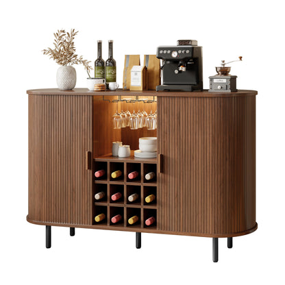 55" Wine Cabinet, Fluted Coffee Bar Cabinet with LED Light, Modern Liquor Coffee Station with Power Outlet, Wine Rack & Glass Holder, Sliding Door Buffet Sideboard Table for Kitchen, Entryway, Walnut