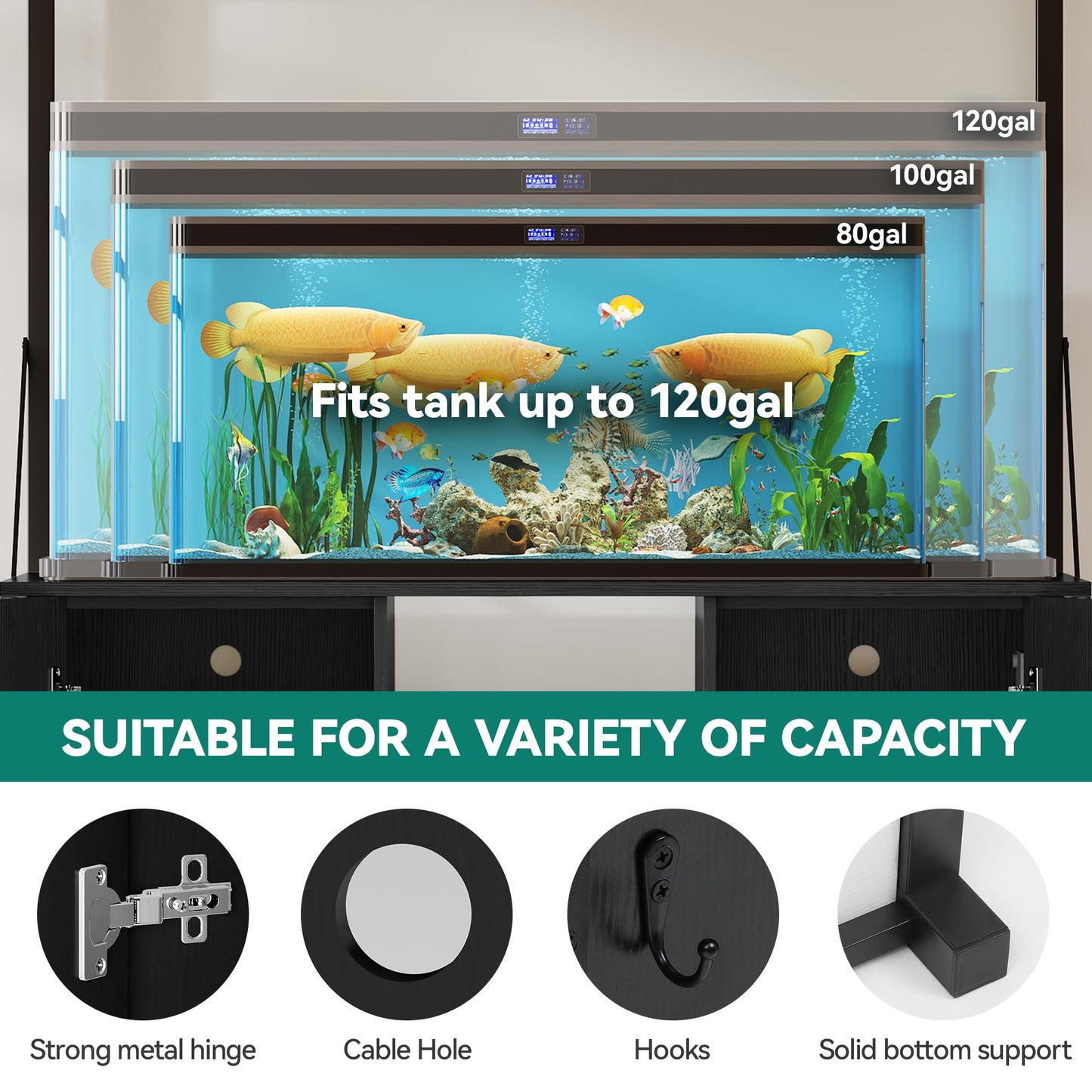 YITAHOME 120 Gallon Fish Tank Stand with Power Outlets, Heavy Duty Metal Large Aquarium Stand with Cabinet, Reptile Tank Turtle Terrariums Table for Fish Tank Accessories Storage,1100LBS Capacity
