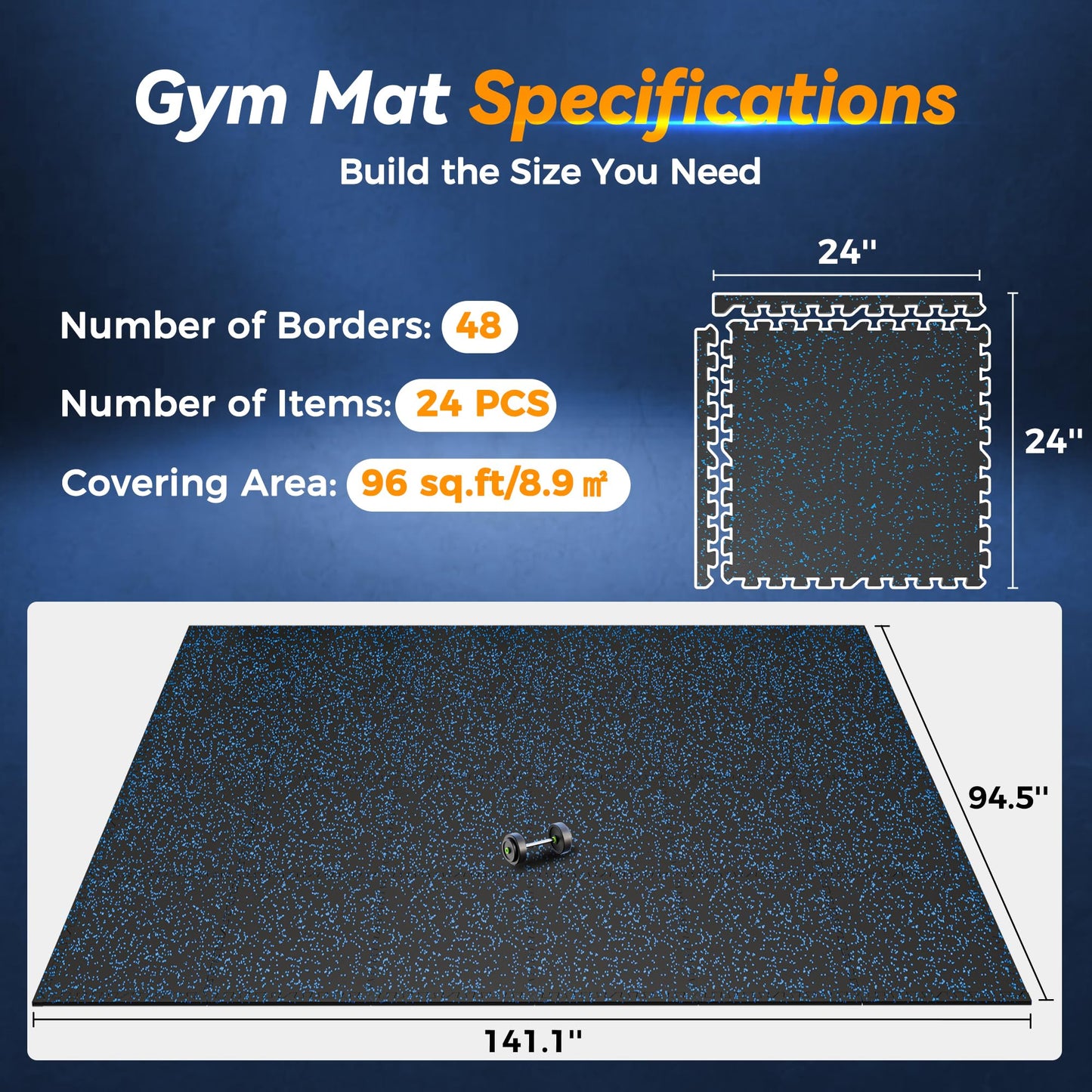 SUPERJARE 1" Extra-Thick Rubber Top Exercise Mat, Puzzle Gym Flooring for Home Gym, Gym Mat for Workout Equipment, Interlocking Floor Tiles with EVA Foam, 24 Pcs 96 Sq Ft, Black/Blue