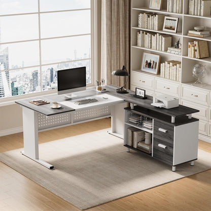 LITTLE TREE Large Computer Desk with File Cabinet, 63-Inch Executive Desk L Shaped Office Desk with Drawers and Storage Shelves, Business Furniture Desk Workstation for Home Office (Grey + White)