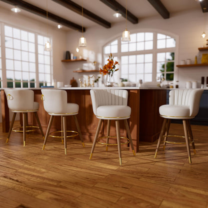 SeekFancy 24" Swivel Bar Stools Set of 2, Counter Height BarStools with Back, Leather Swivel Kitchen Stools with Wood Legs and Footrest, Upholstered Pub White Bar Chairs Kitchen Island