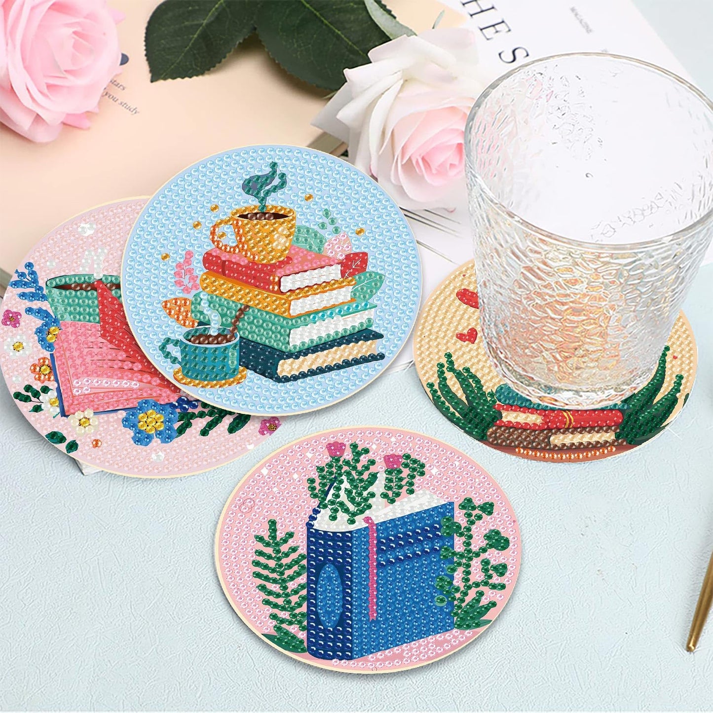 8 Pcs Book Diamond Art Coasters Kit for Adults, Book Lovers Wooden Coffee Diamond Painting Coasters with Holder, 5D Gem Art Dots Painting Coaster with Cork Pads - Crafts Supplies for Home Decor