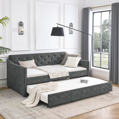 KEIKI Twin Size Upholstery Daybed with Twin Size Trundle and Headboard, Mid-Century Style Tufted Sofa Bed with Waved Arms, Easy Assembly, No Box Spring Required, for Living Room, Grey