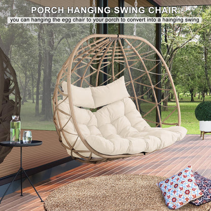 NOBLEMOOD Outdoor Egg Swing Chair with Stand, 2 Person Patio Swing Chairs with Thick Cushions and Pillows, Wicker Double Egg Chair Swing for Indoor Bedroom