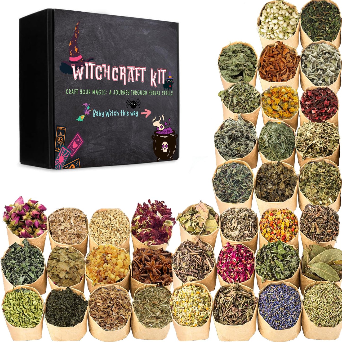 38Pcs Set Dried Herbs Witchcraft Supplies kit, Witchy Herbs for Witch Beginner, Wiccan,Wicca Altar Supplies Decor, Pagan, Magic Ritual and Spell, and Soap Making