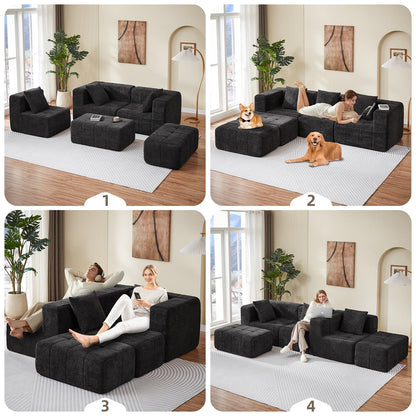 Housiney Modular Sectional Sofa with Deep Seat, 98'' 5 Seater Boneless Cloud Couch with Ottoman, No Assembly Required, Modern Plush Corduroy Cloud Couches for Living Room & Apartment, Black