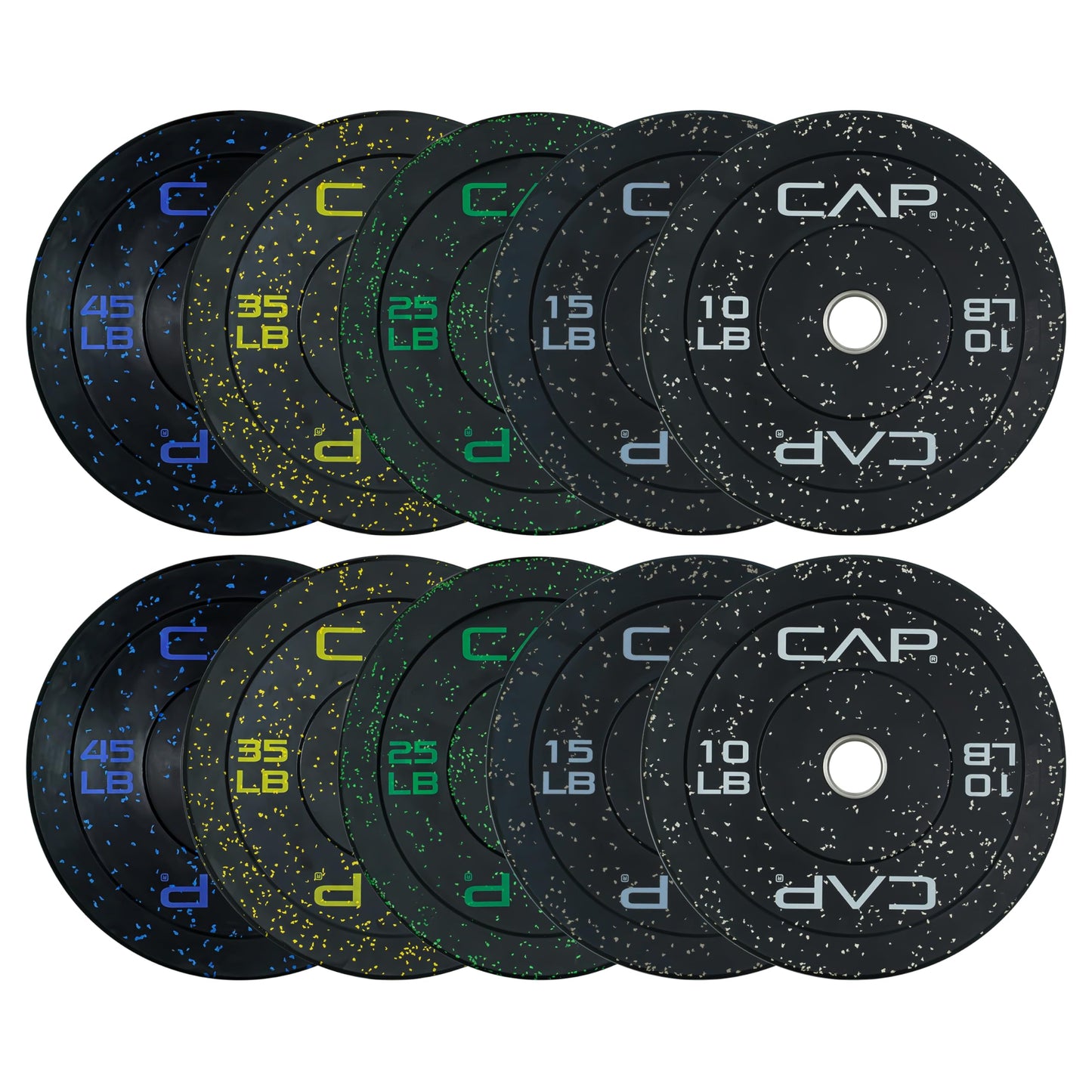 CAP Barbell Economy - Speckled Olympic Bumper Plate Set with Color Logo, Black, 260 lbs Set