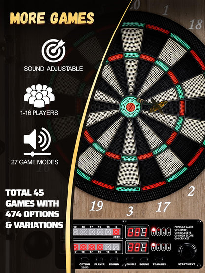 Yirinatek Electronic Dart Board, Decorative Dart Board Cabinet Set for Adults [12*Bronze Soft Tip Darts] [Cricket Game Mode] - Wooden Electric Dartboard Cabinet - Retro Case