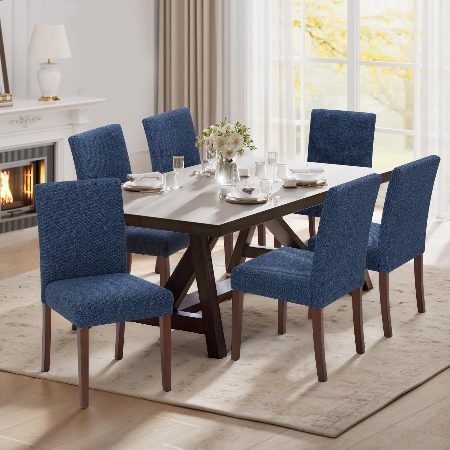 Upholstered Parsons Dining Chairs Set of 6, Modern Dining Room Chairs with Back, Fabric Kitchen Side Chairs with Wood Legs for Dinner Farmhouse Restaurant, Blue